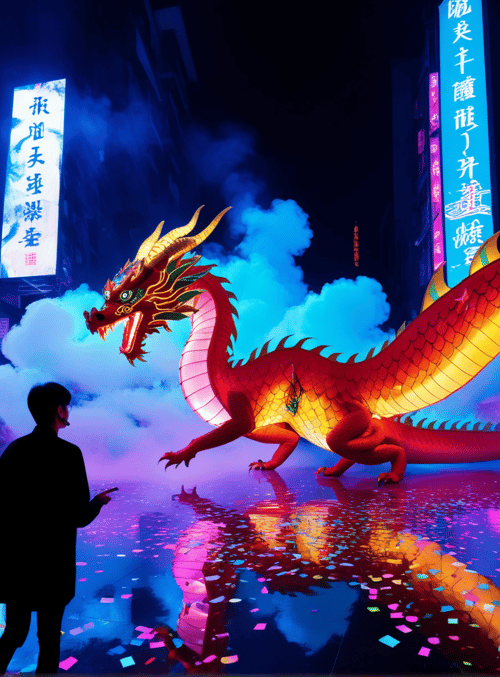 dragon, city, people, neon, signs, confetti, smoke, street, reflection, laser