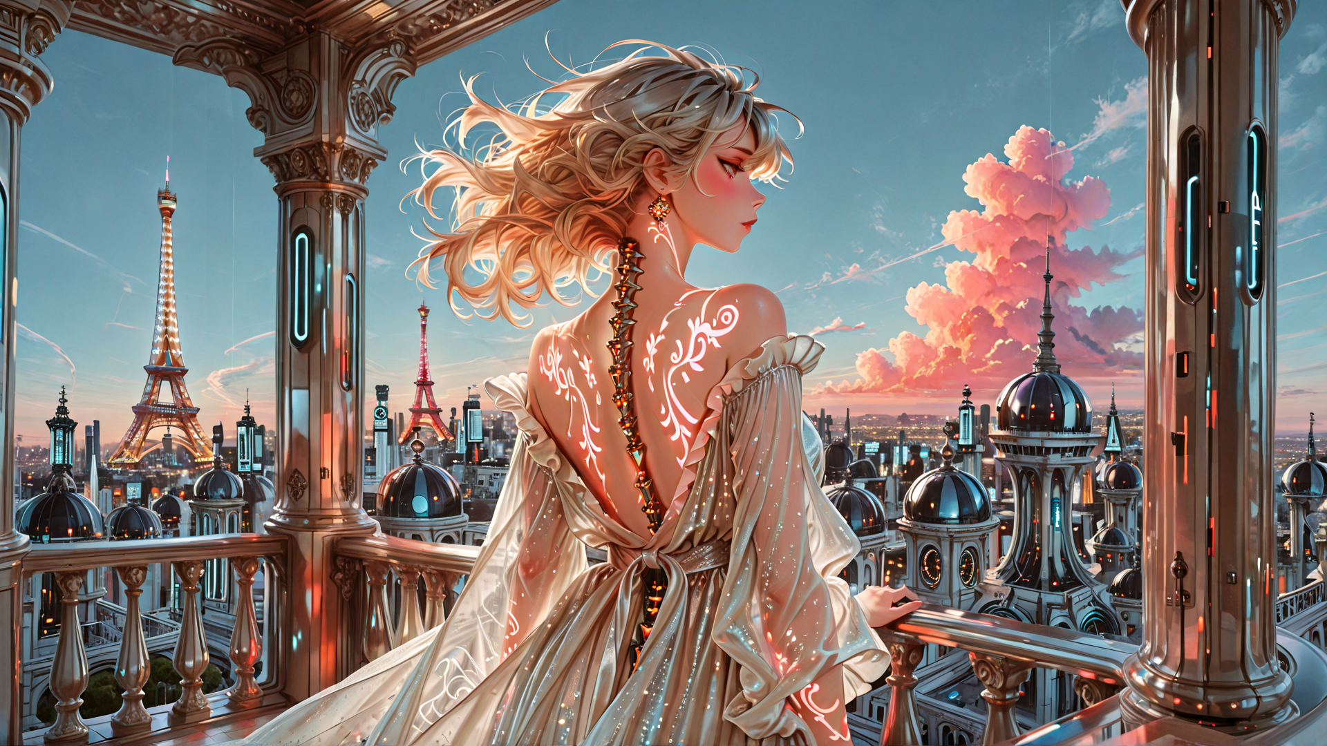 AI generated wallpaper featuring woman, eiffel tower, cityscape, balcony, dress, clouds