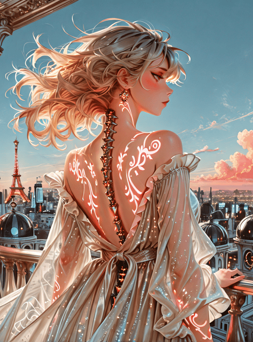 woman, eiffel tower, cityscape, balcony, dress, clouds
