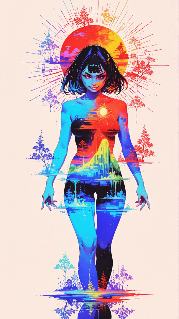 AI generated wallpaper featuring woman, sunset, sun, trees, cityscape, reflection, nature, sky, mountain, water