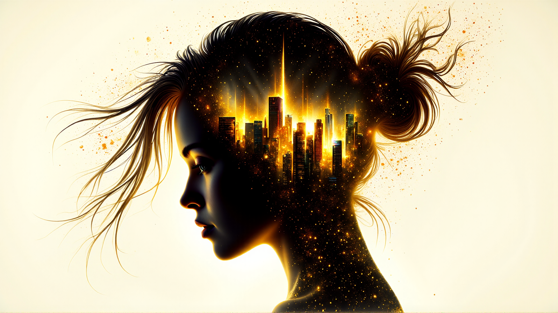 AI generated wallpaper featuring woman, cityscape, silhouette, hair