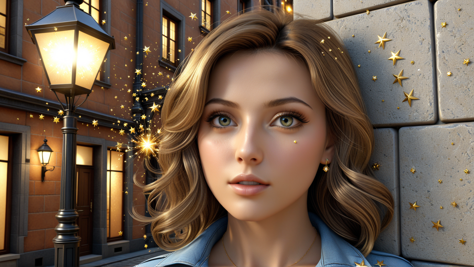 AI generated wallpaper featuring woman, streetlamp, stars, building, wall