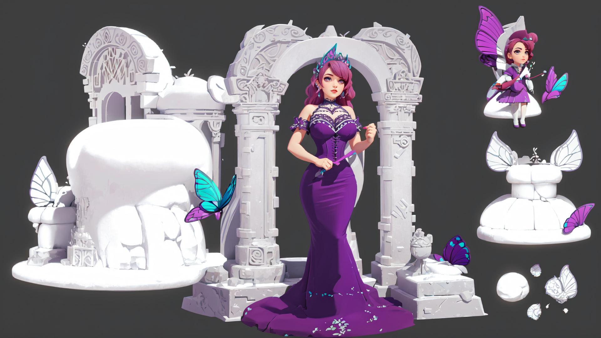 AI generated wallpaper featuring fairy, princess, butterfly, archway, castle