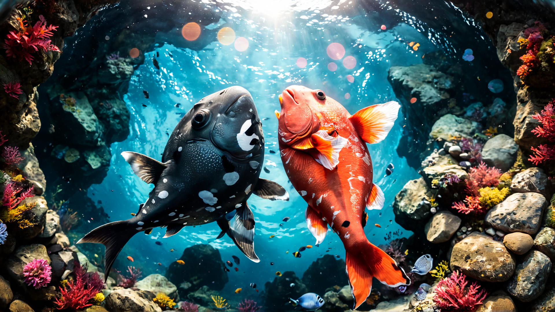 AI generated wallpaper featuring fish, coral, underwater