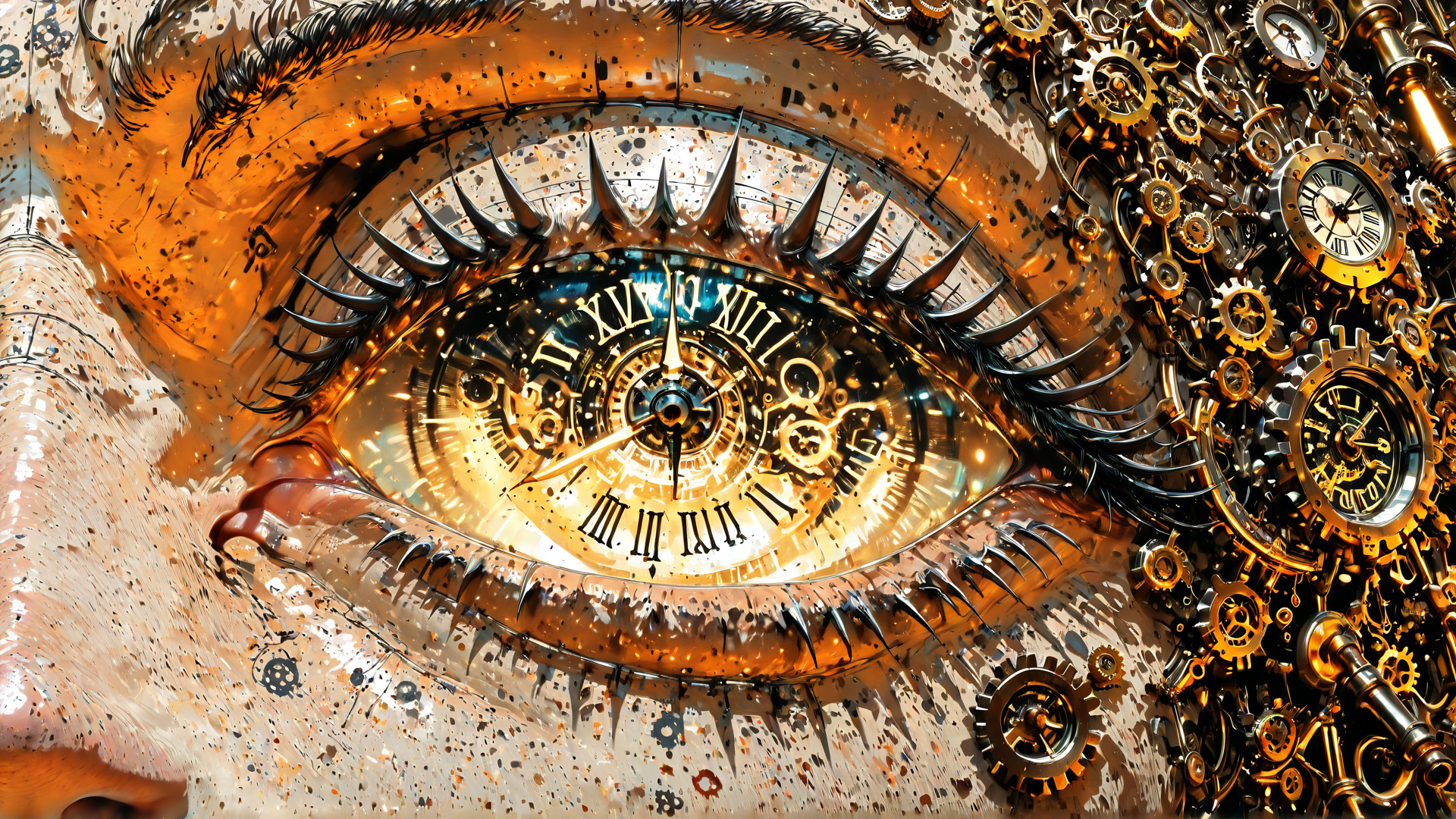 AI generated wallpaper featuring eye, clock, gears, clockwork, roman numerals, mechanical, art, illustration, steampunk, surreal