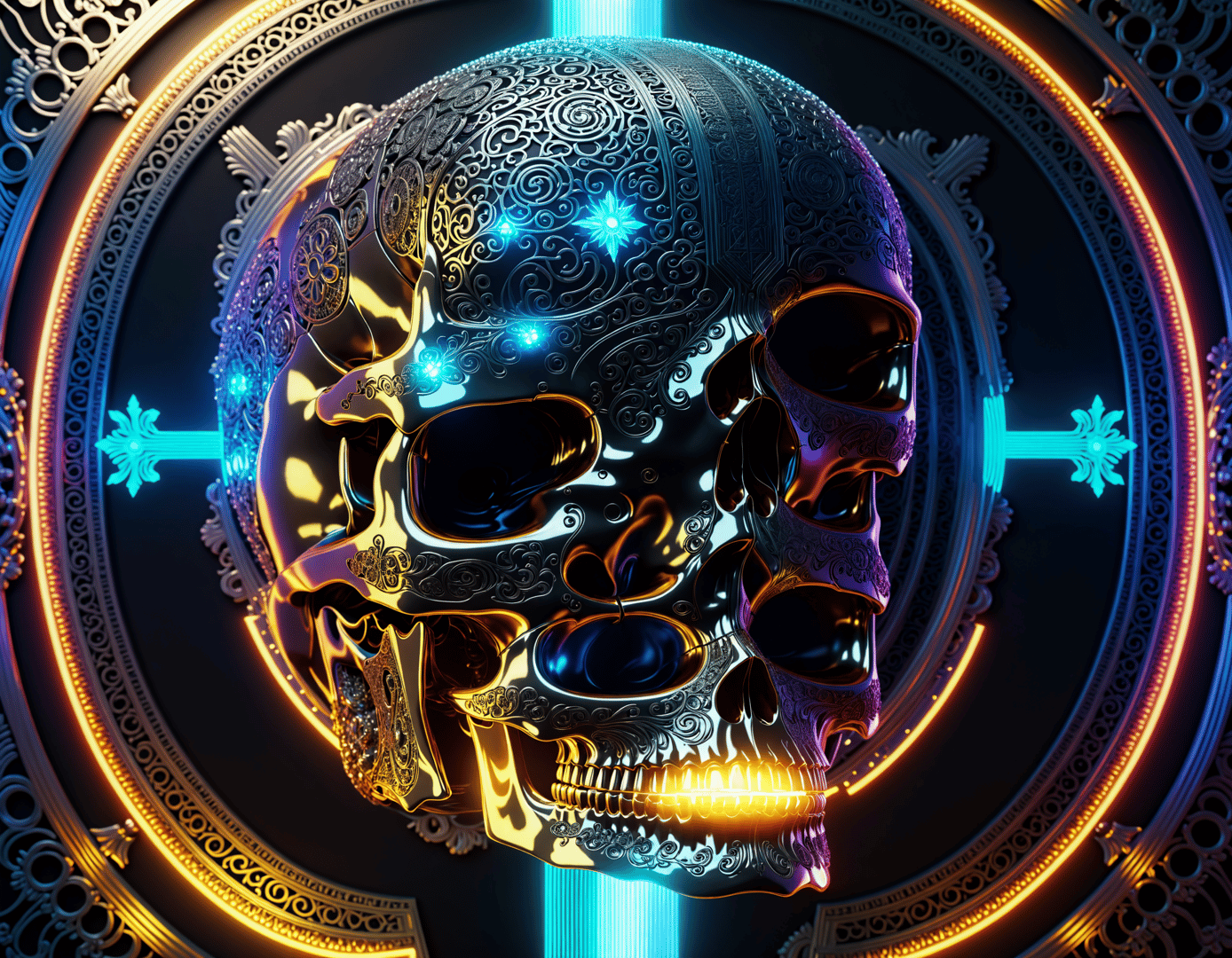 AI generated wallpaper featuring skull, ornament, circuit