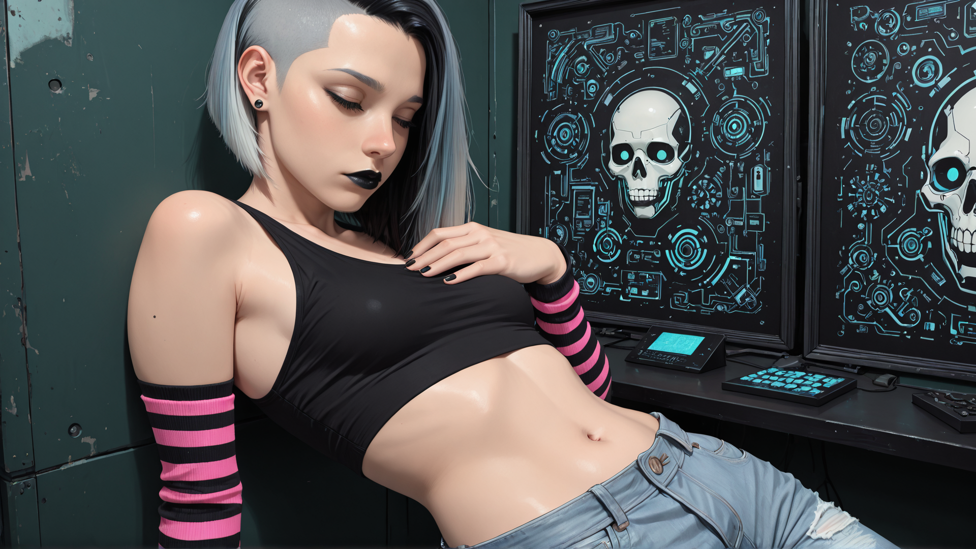 AI generated wallpaper featuring woman, skull, monitor, computer, jeans, tank top, sleeve, earring, mouse, screen