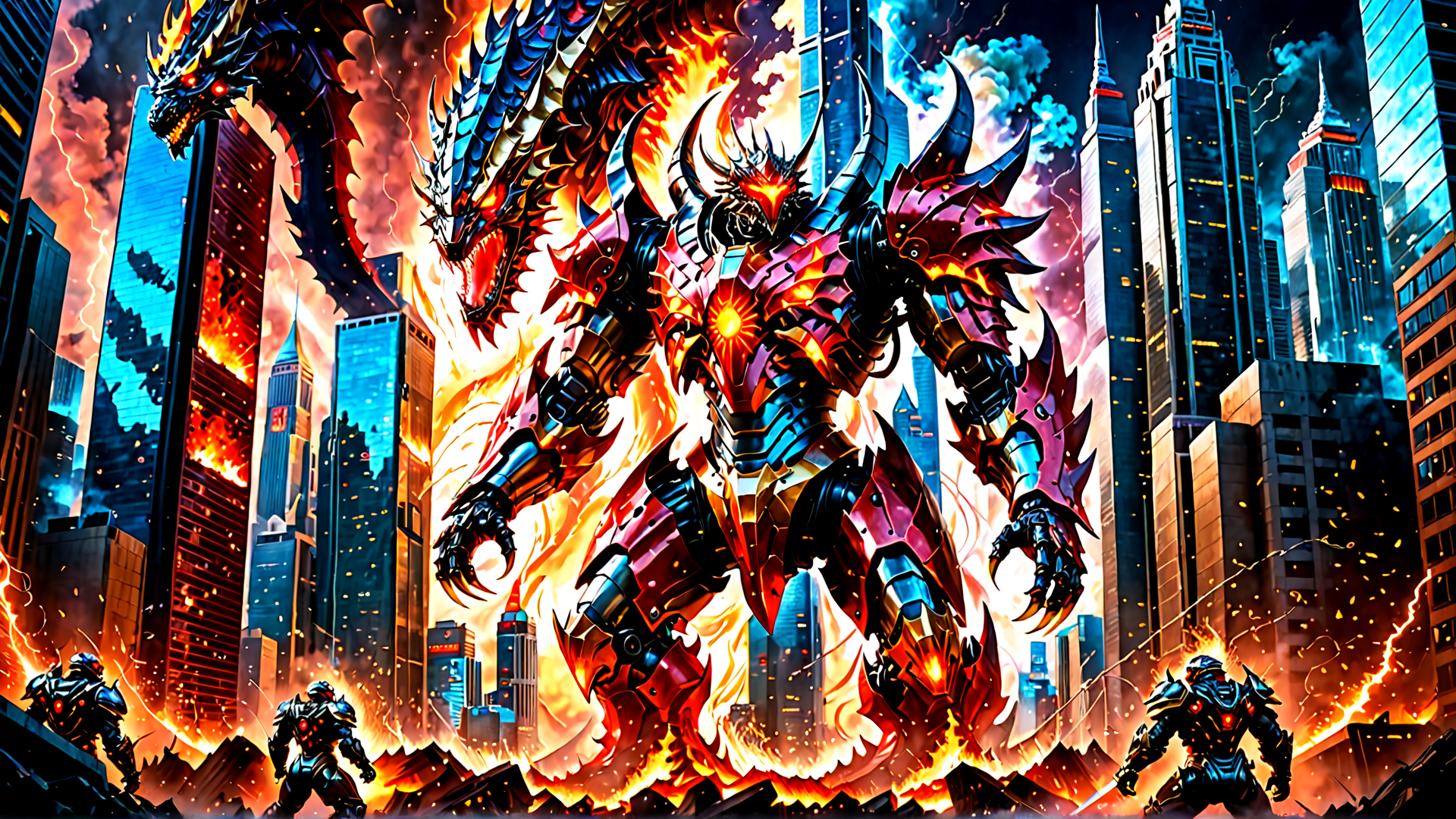AI generated wallpaper featuring robot, dragon, mecha, city, giant, warrior, armor, fire, buildings, soldiers