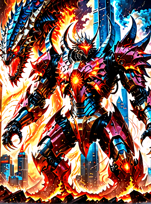 robot, dragon, mecha, city, giant, warrior, armor, fire, buildings, soldiers