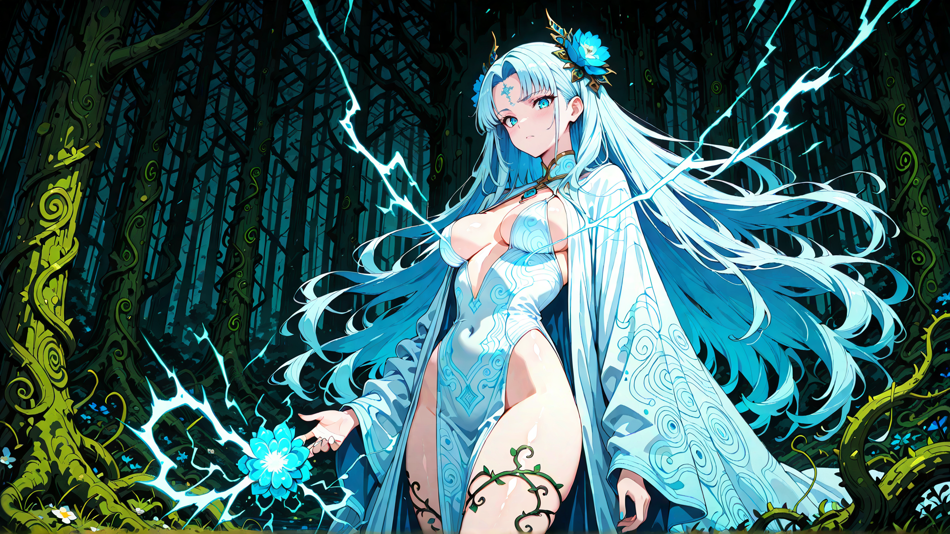 AI generated wallpaper featuring anime girl, forest, lightning, blue flower, long hair