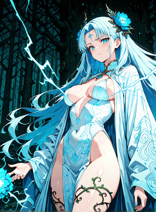anime girl, forest, lightning, blue flower, long hair