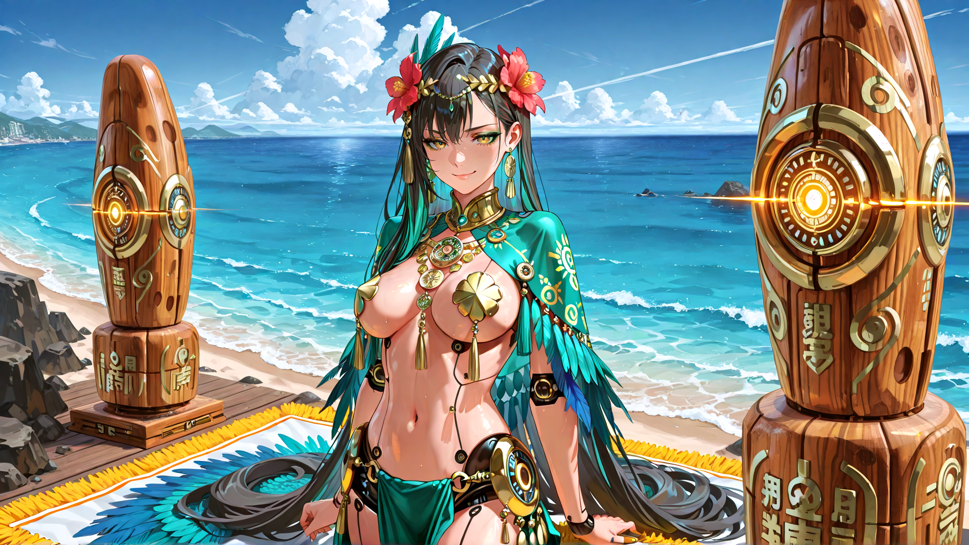AI generated wallpaper featuring woman, statue, ocean, beach, feather, flower, goddess, sunset, hawaii, tiki