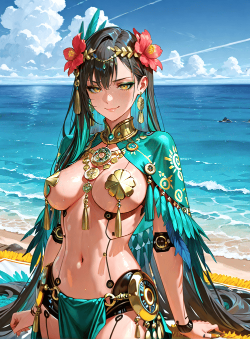 woman, statue, ocean, beach, feather, flower, goddess, sunset, hawaii, tiki