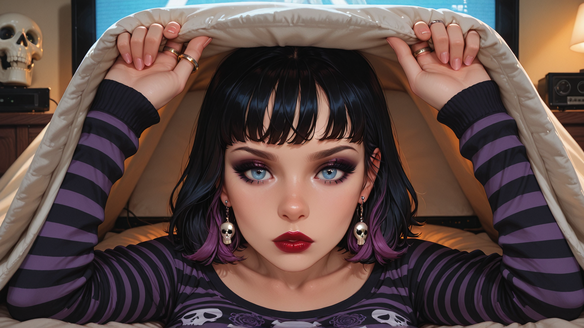 AI generated wallpaper featuring woman, skull, bed, quilt, earring, ring