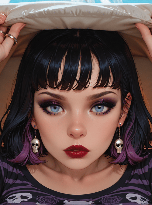 woman, skull, bed, quilt, earring, ring
