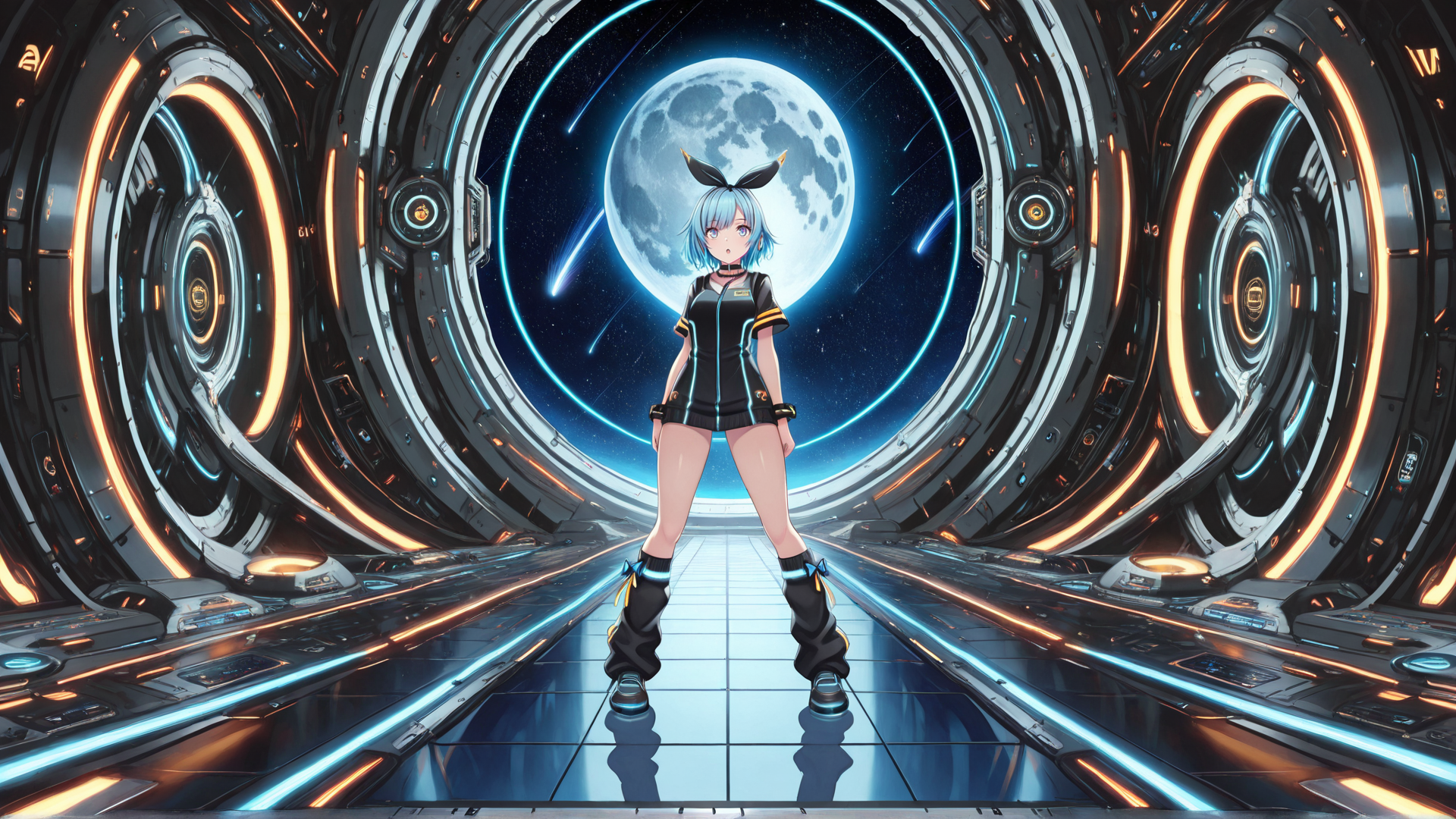 AI generated wallpaper featuring girl, rabbit ears, cyberpunk, spaceship, gaming