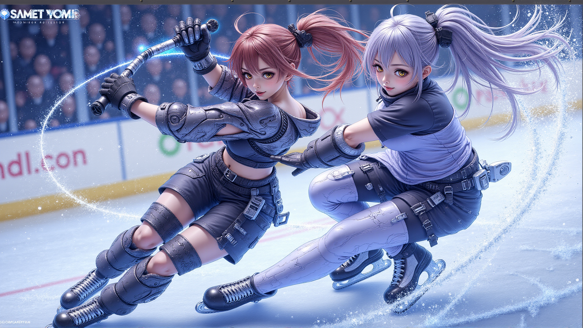 AI generated wallpaper featuring skater, anime, girl, futuristic, ice rink, bikini top, pencil skirt, gloves, sneakers, swords