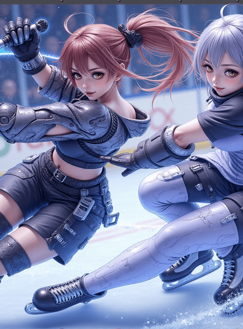 skater, anime, girl, futuristic, ice rink, bikini top, pencil skirt, gloves, sneakers, swords