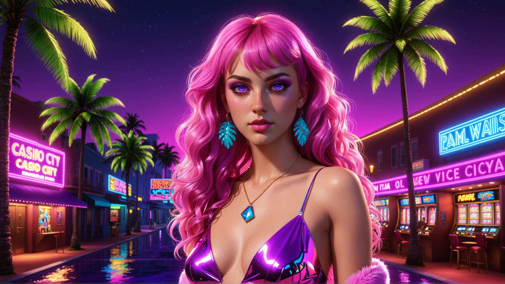 AI generated wallpaper featuring woman, casino, palm trees