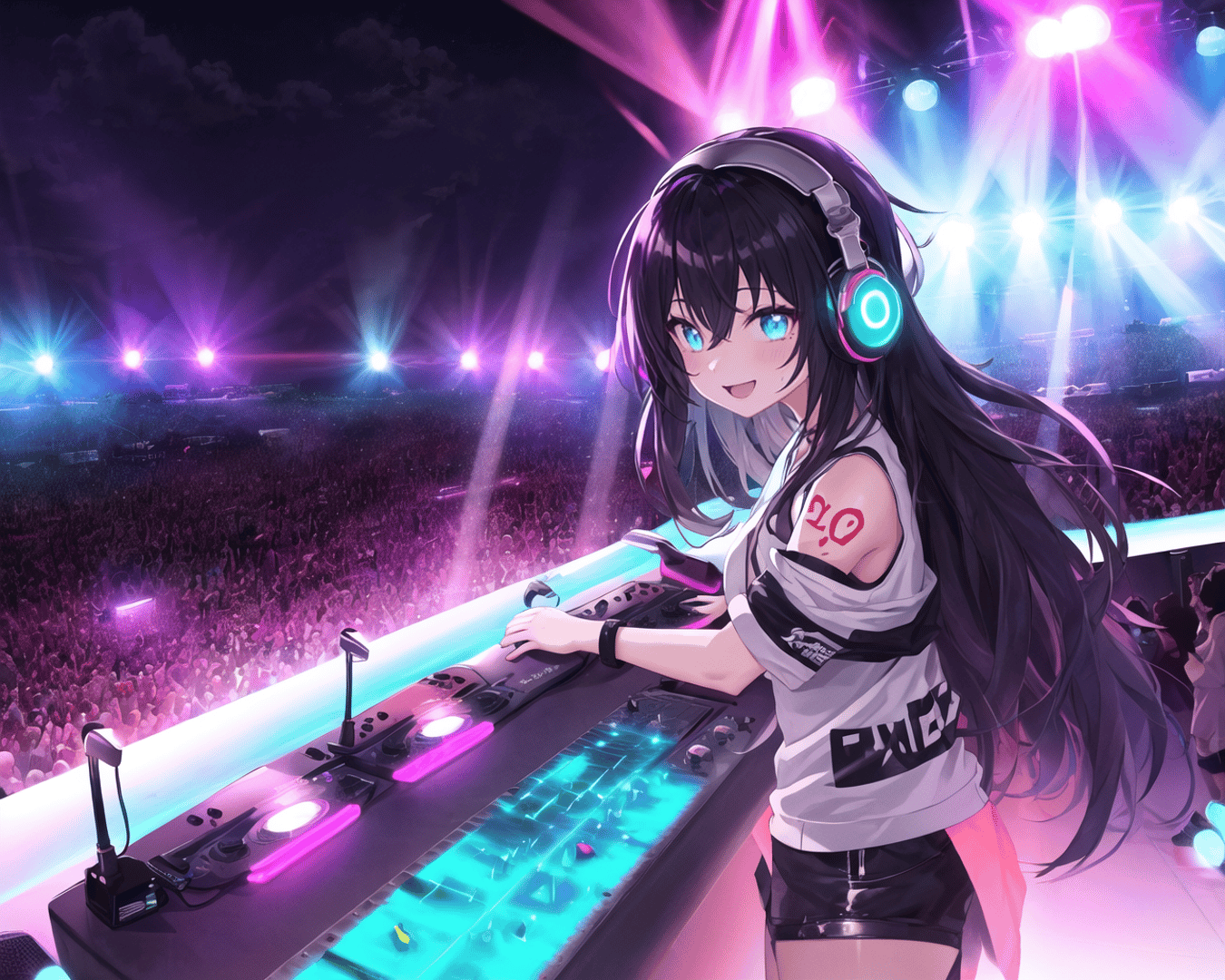 AI generated wallpaper featuring dj, anime girl, stage