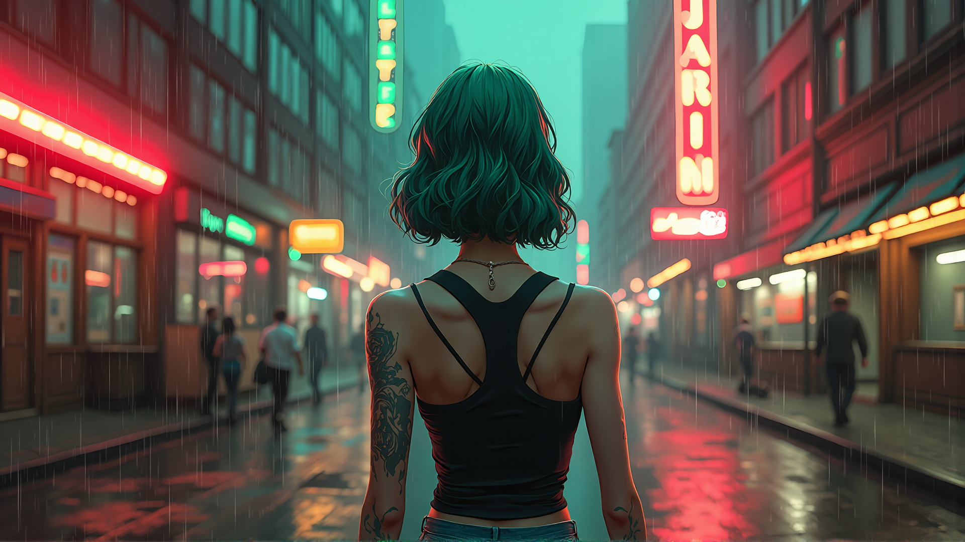 AI generated wallpaper featuring woman, street, tattoo, rain, neon, city