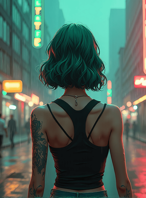 woman, street, tattoo, rain, neon, city