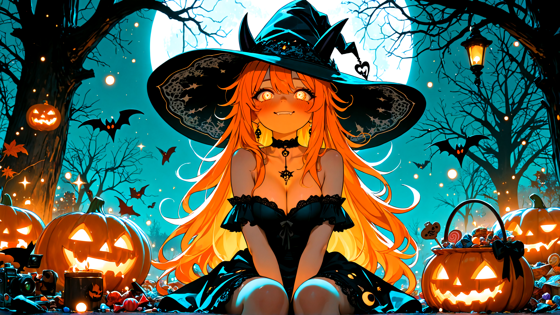 AI generated wallpaper featuring witch, pumpkin, bat, tree, lantern, candy, moon, girl, halloween, costume
