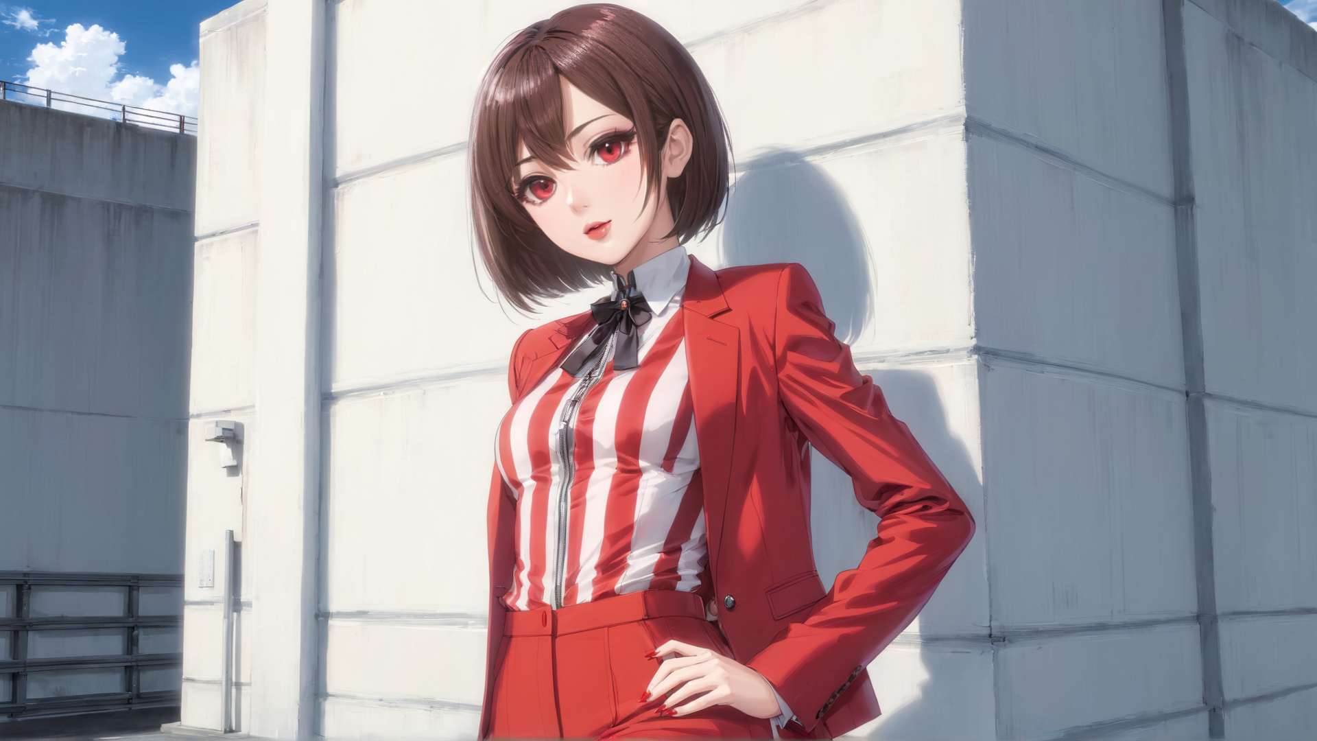AI generated wallpaper featuring anime girl, business suit, red outfit