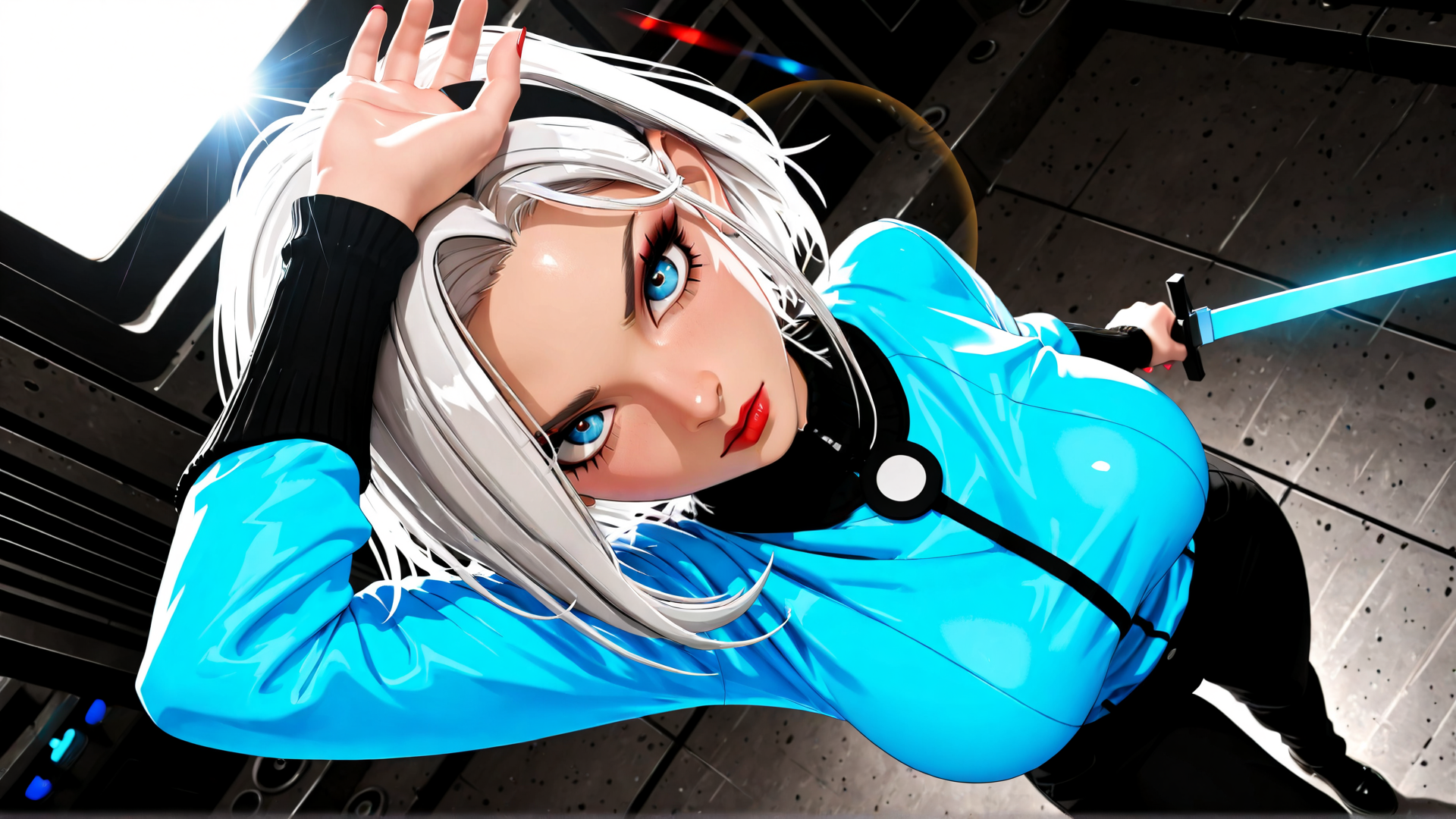AI generated wallpaper featuring anime character, cyberpunk, sword, woman, hair