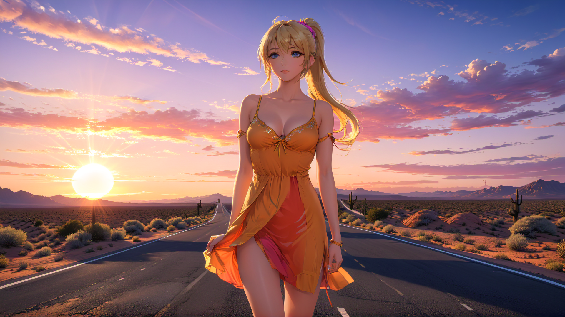 AI generated wallpaper featuring woman, desert, road
