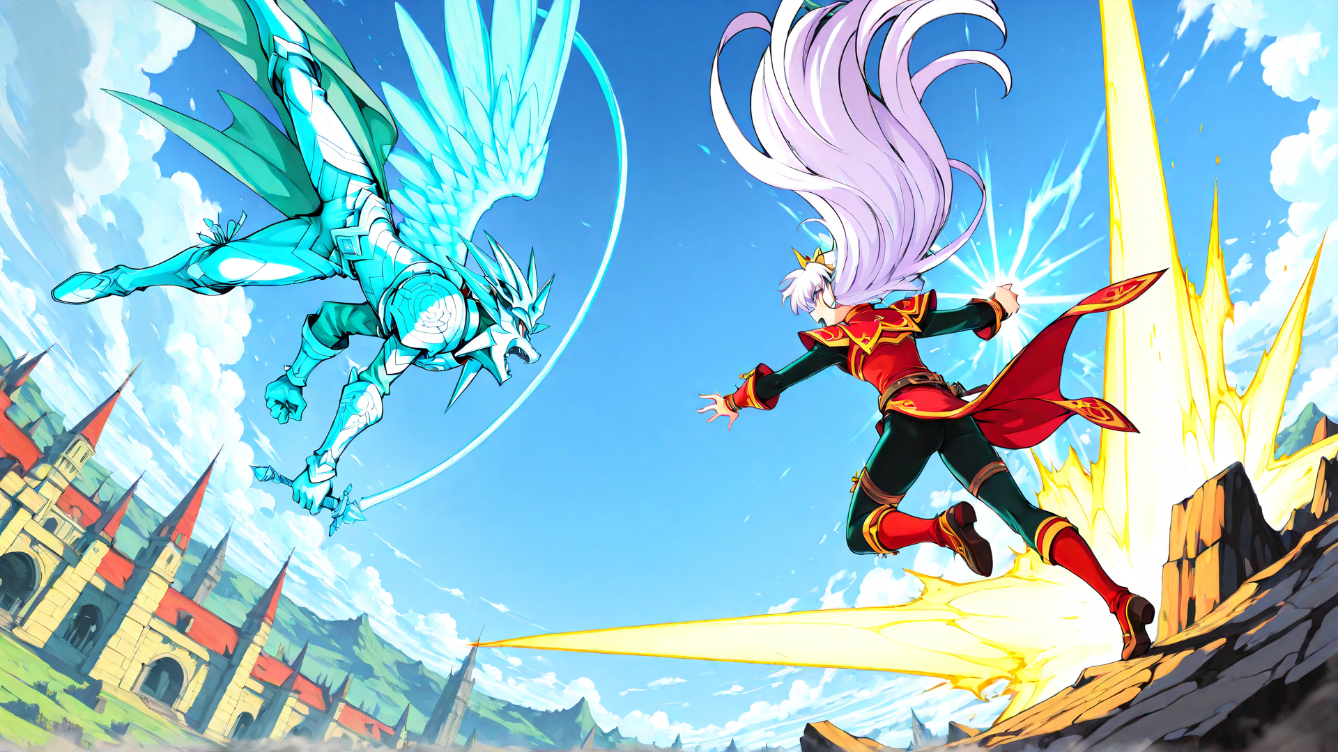 AI generated wallpaper featuring dragon, mage, castle, sword, wings, sword, light, energy, flying, magic