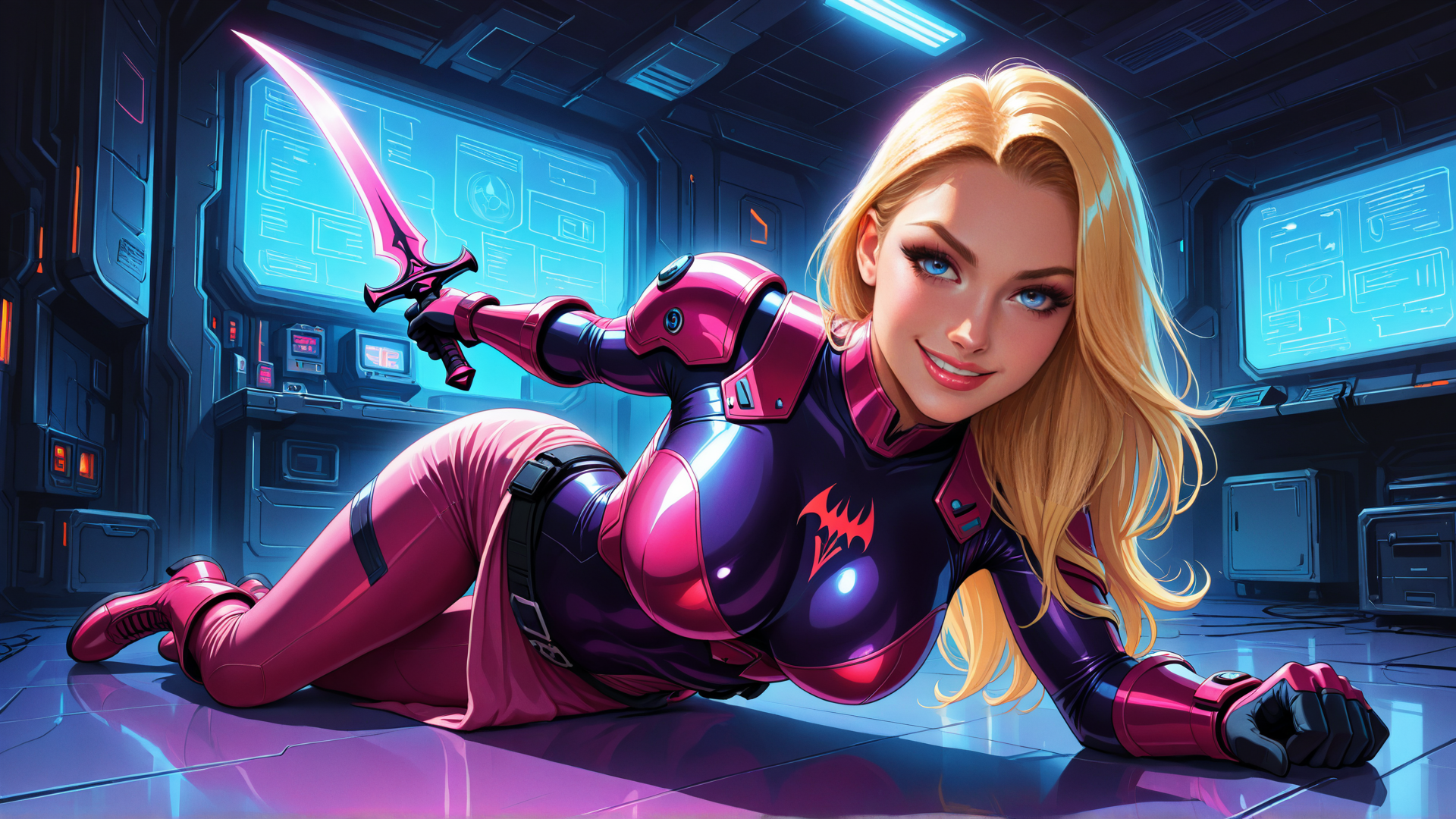 AI generated wallpaper featuring woman, cyberpunk, sword