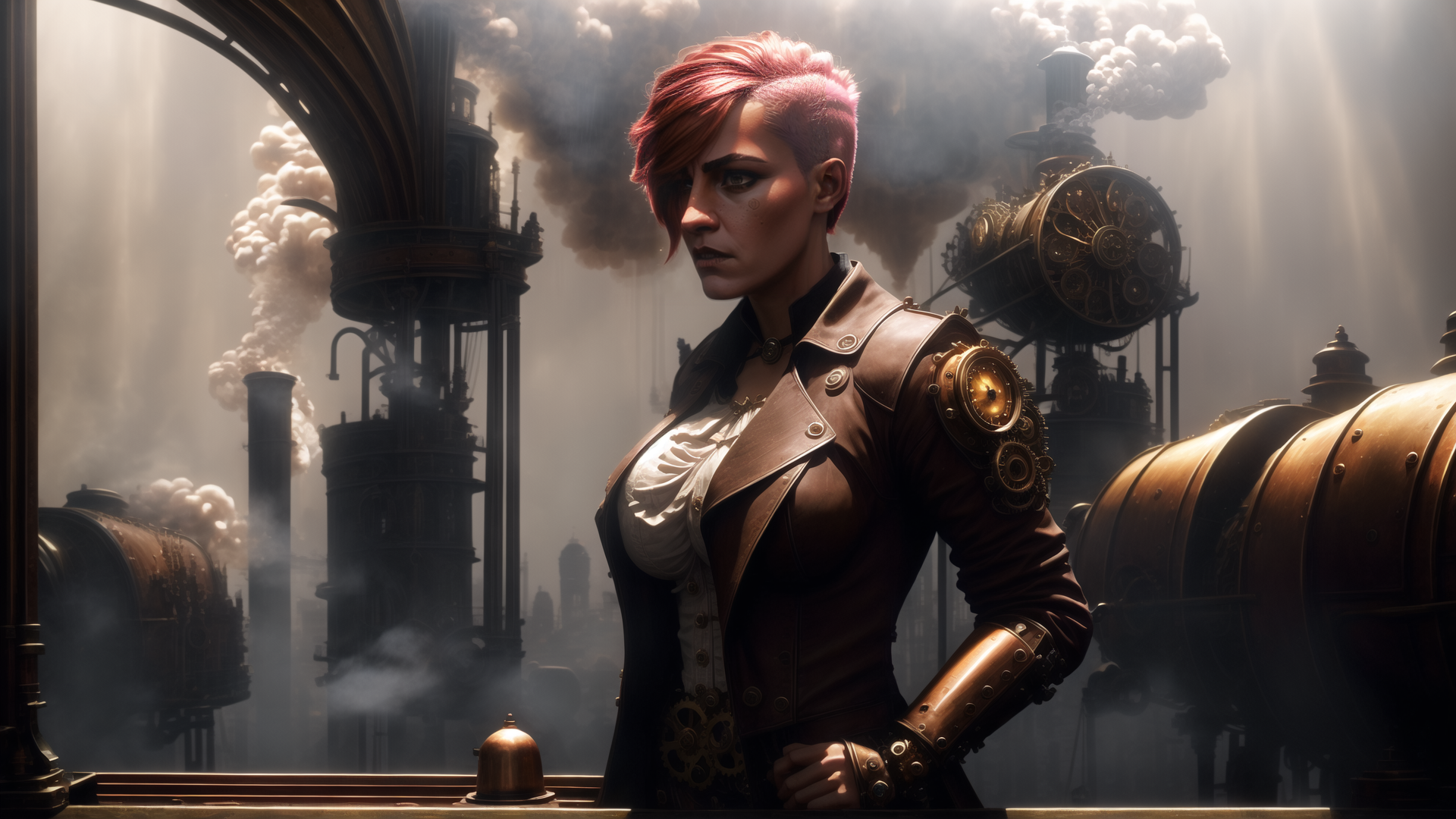 AI generated wallpaper featuring woman, steampunk, industrial
