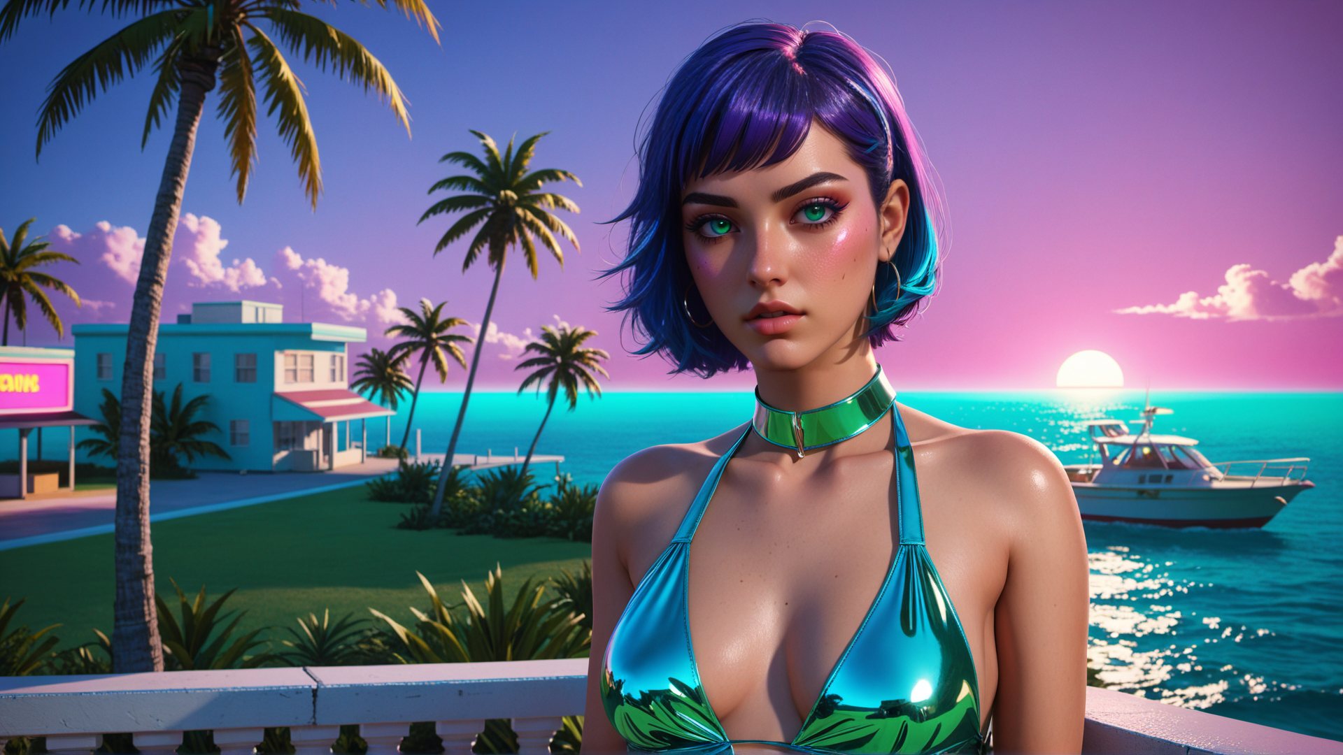 AI generated wallpaper featuring woman, palm tree, boat