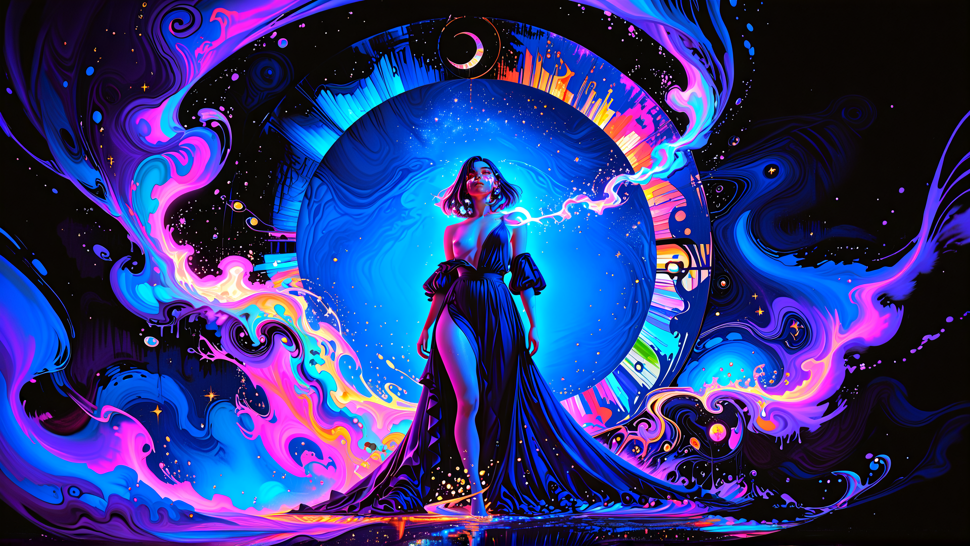 AI generated wallpaper featuring woman, woman, dress, sunset, cityscape, stars, moon, swirls, painting, art