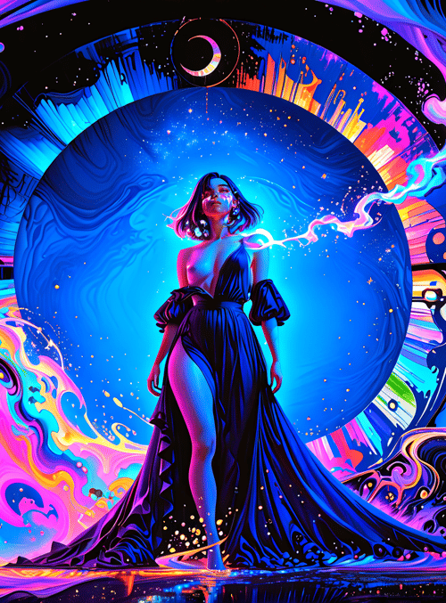 woman, woman, dress, sunset, cityscape, stars, moon, swirls, painting, art
