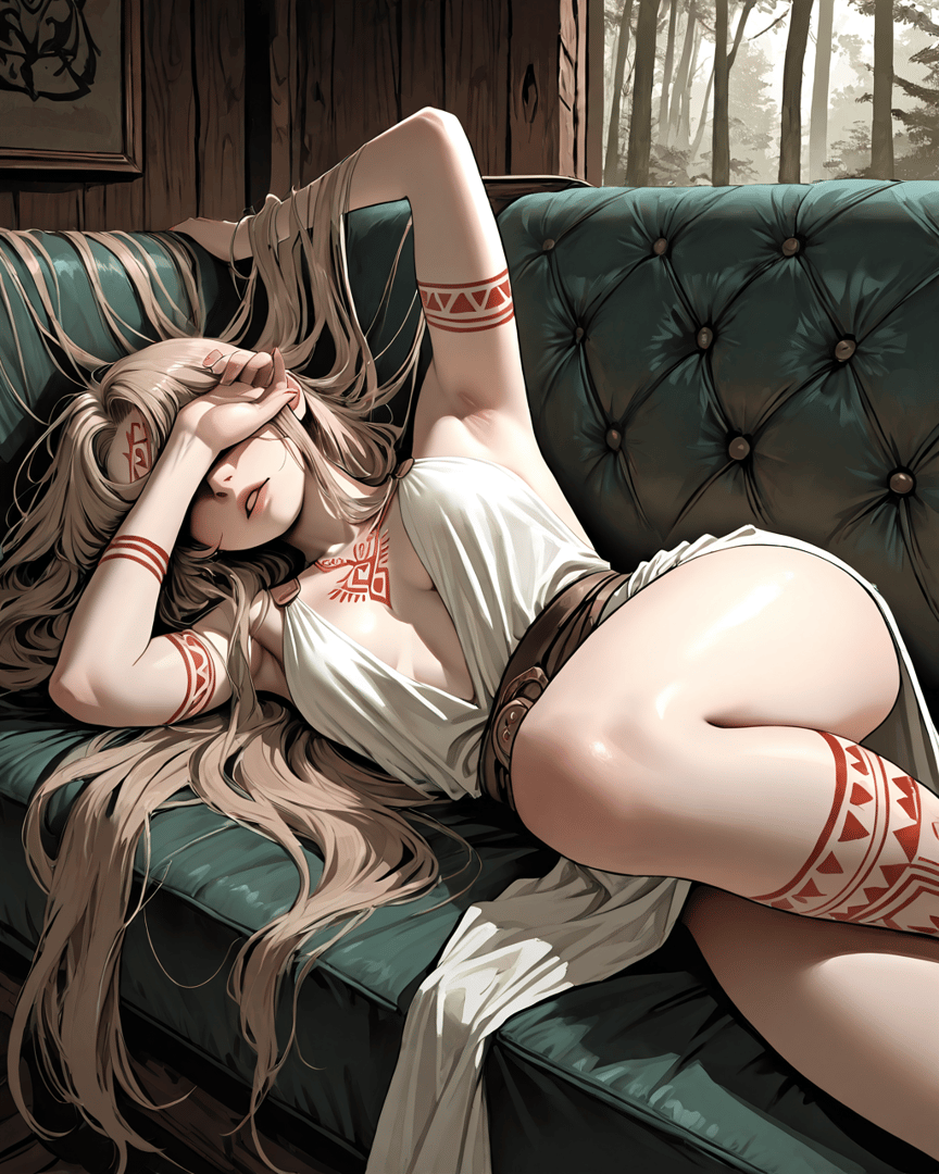 AI generated wallpaper featuring woman, sofa, trees, armband, long hair, tattoo