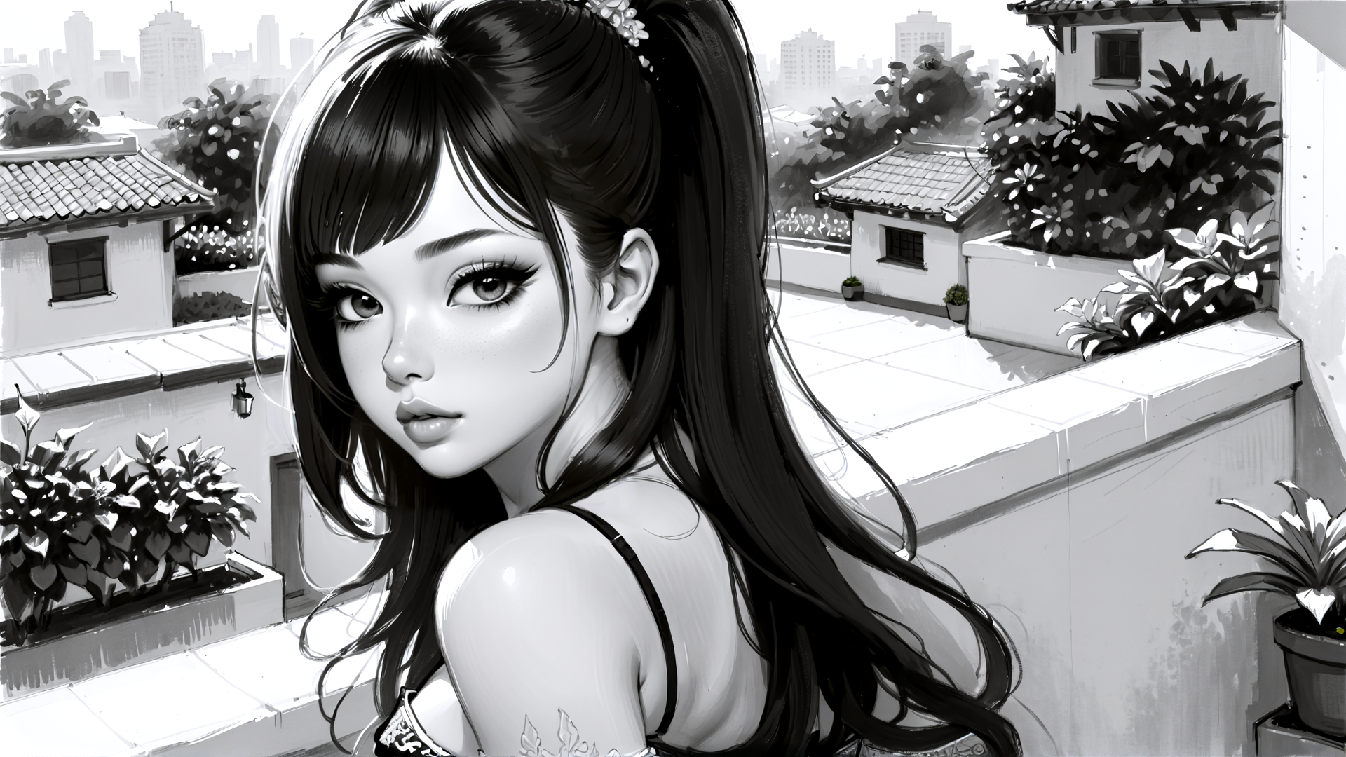 AI generated wallpaper featuring woman, hair, rooftop, buildings, plants