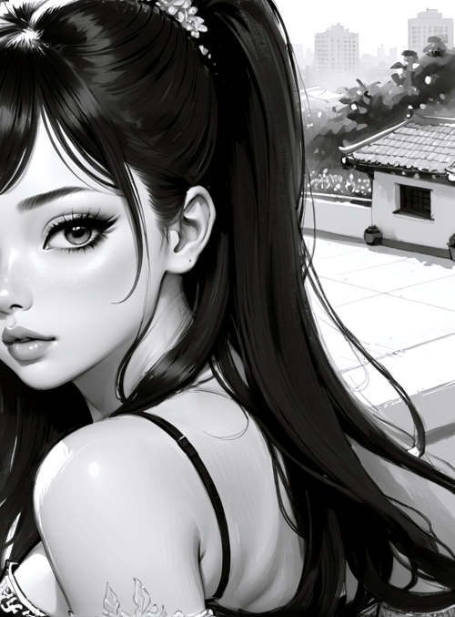 woman, hair, rooftop, buildings, plants