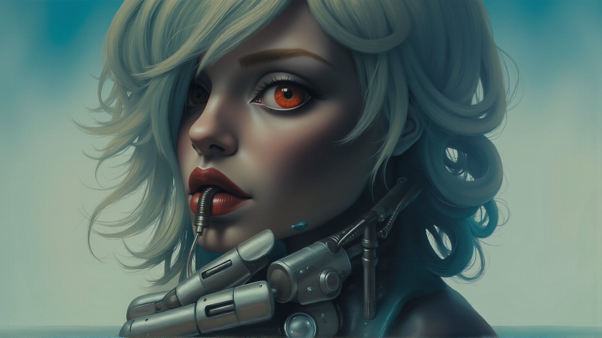 AI generated wallpaper featuring cyborg, woman, robotic arm, hair