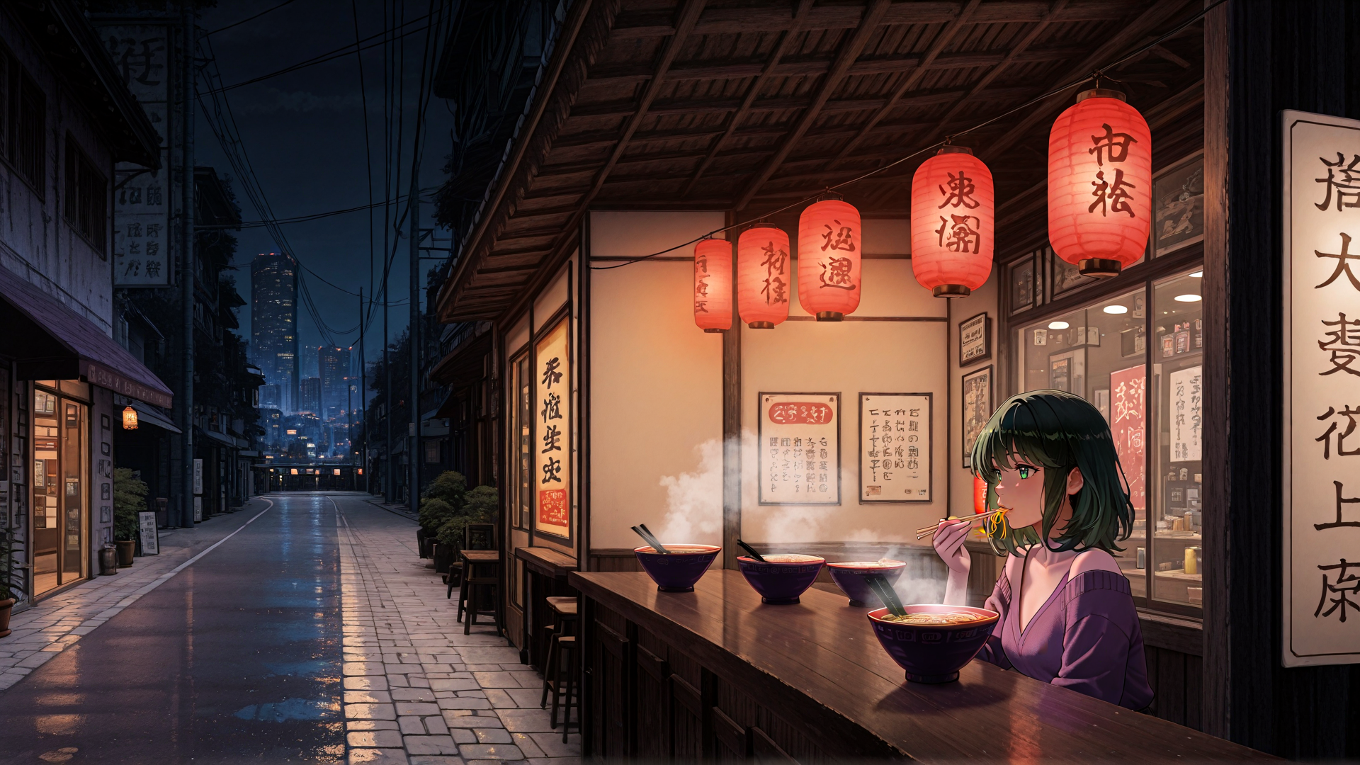 AI generated wallpaper featuring girl, ramen, lantern, street, building, signboard, bowl, chopsticks, cityscape, night