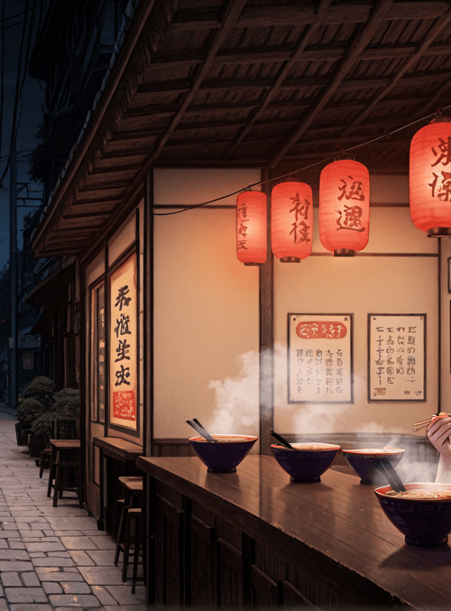 girl, ramen, lantern, street, building, signboard, bowl, chopsticks, cityscape, night