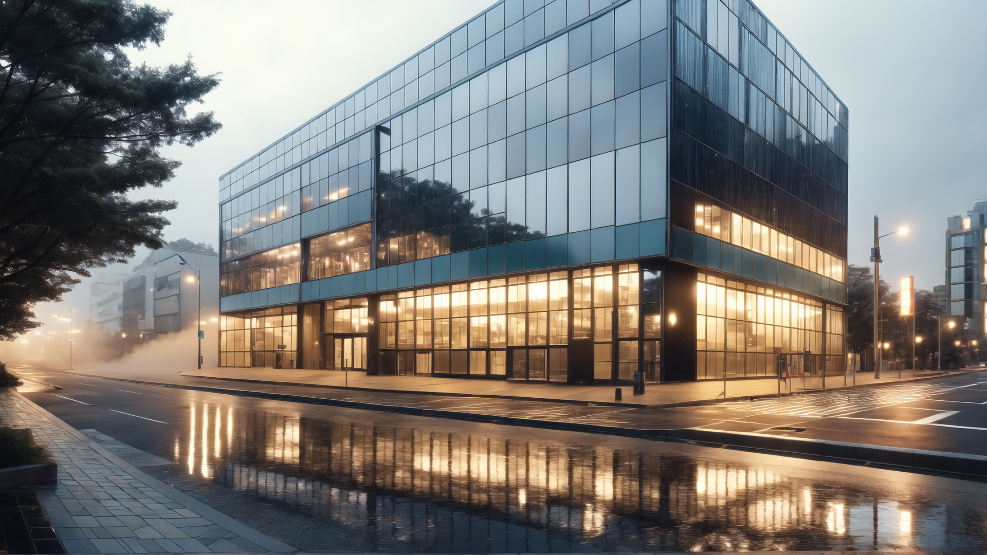 AI generated wallpaper featuring building, street, glass, window, road, tree, light, reflection, city, fog