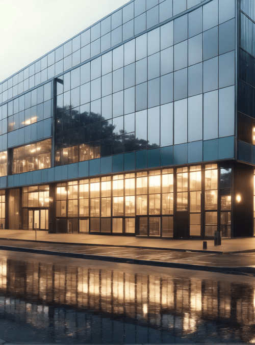 building, street, glass, window, road, tree, light, reflection, city, fog