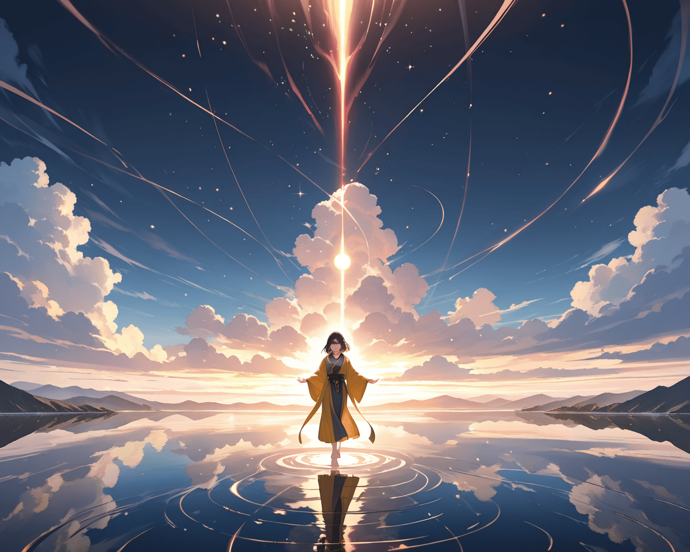 AI generated wallpaper featuring woman, sunset, water