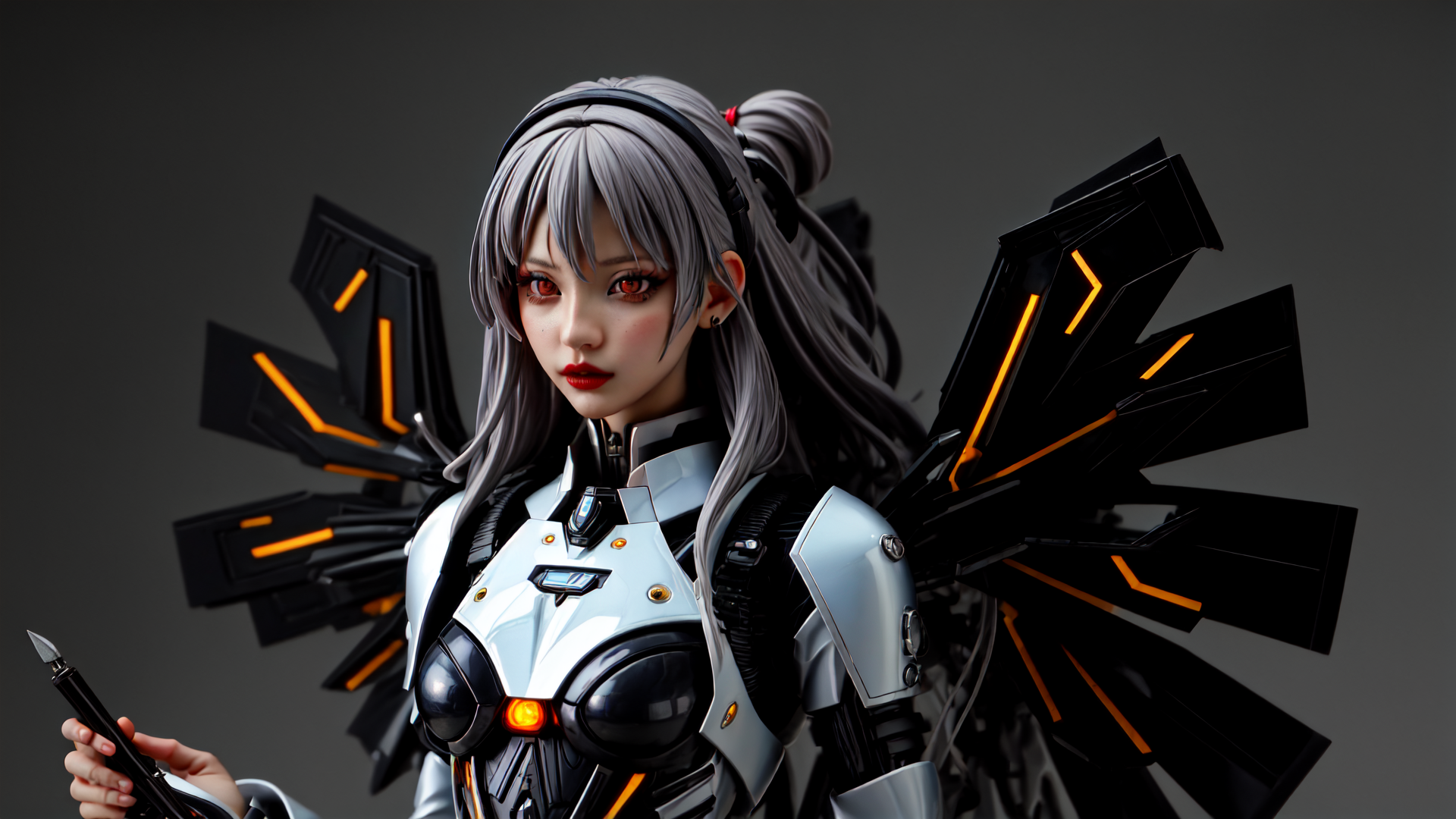 AI generated wallpaper featuring cyberpunk, anime, robot, gadget, futuristic, female, armor, wing, headset, pen