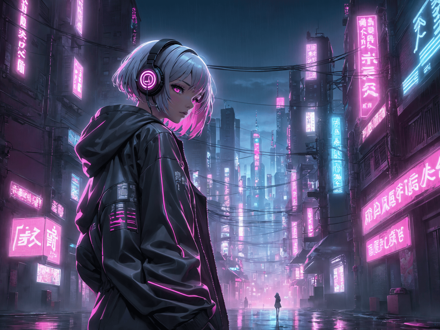 AI generated wallpaper featuring cyberpunk girl, neon city