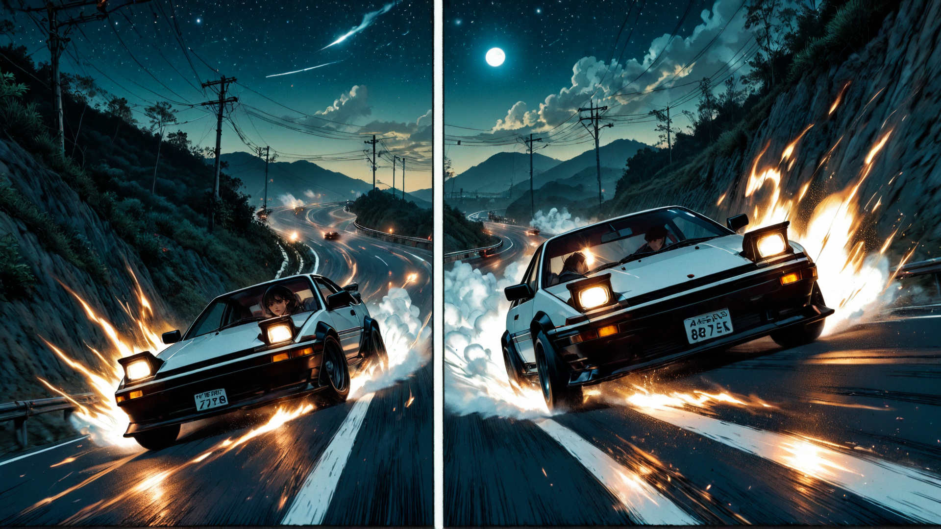 AI generated wallpaper featuring car, road, fire, driver, mountain, night, sky, electricity, smoke, moon
