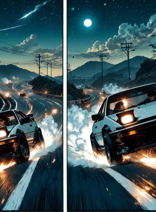 car, road, fire, driver, mountain, night, sky, electricity, smoke, moon