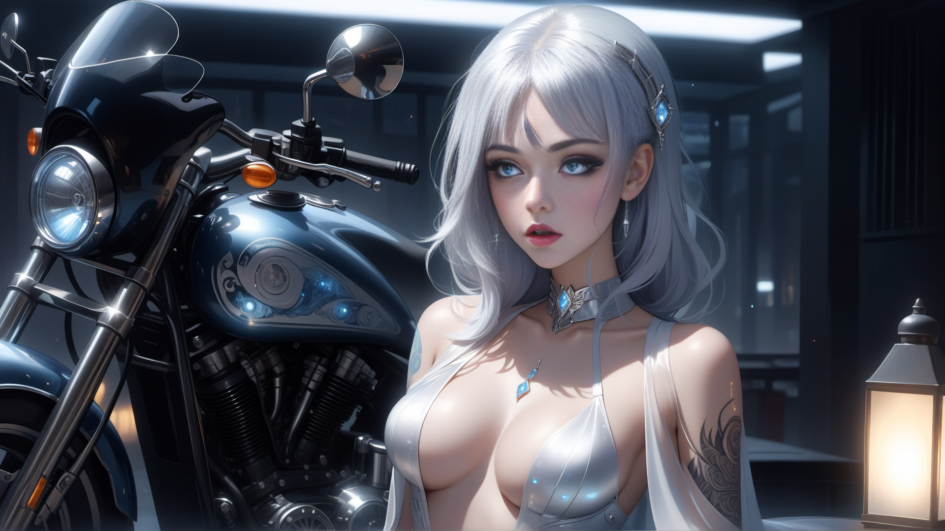 AI generated wallpaper featuring woman, motorcycle, lantern